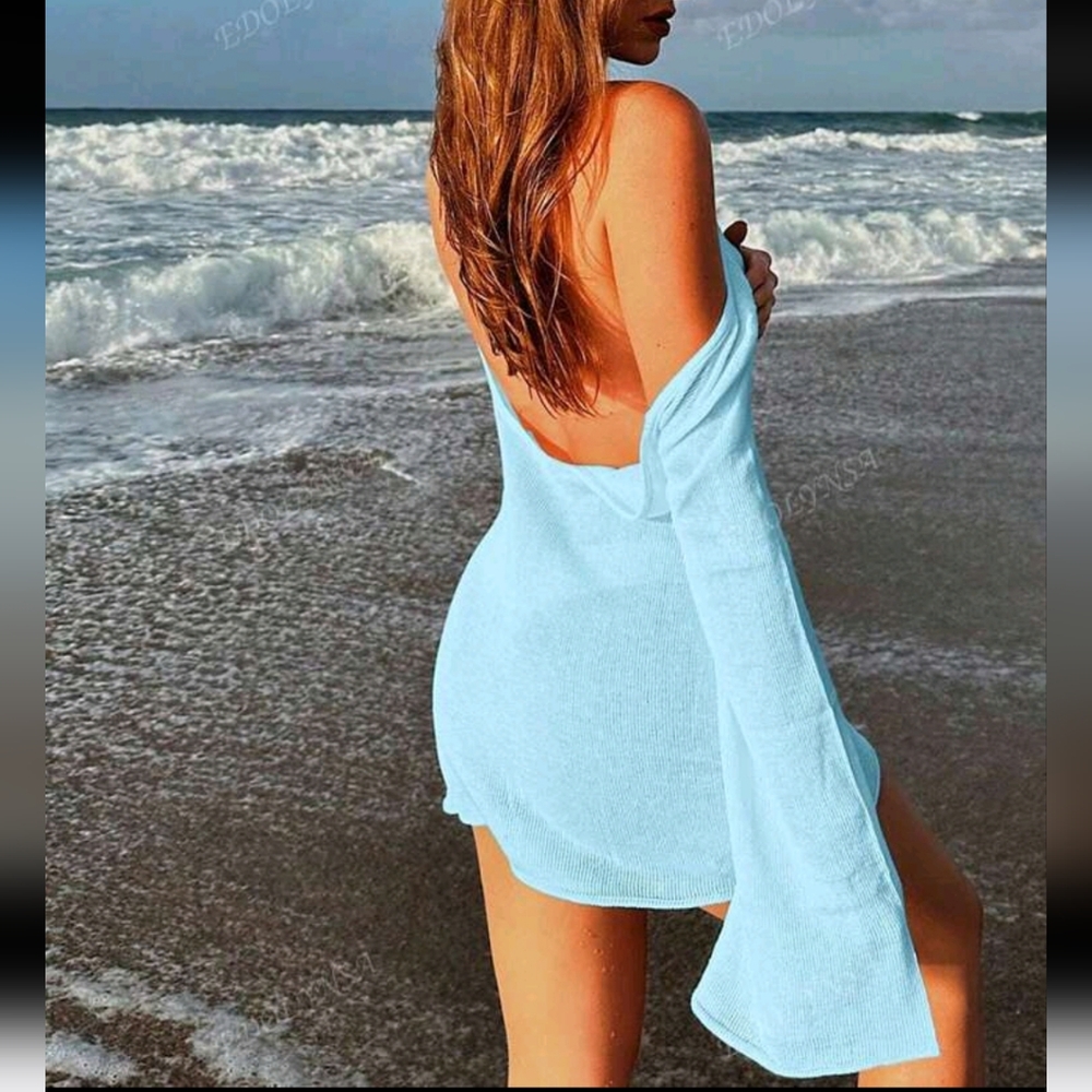 Sexy Backless Bell Sleeve Summer Seaside Women's Solid Knit Beach Mini Dress - Picture 2 of 7